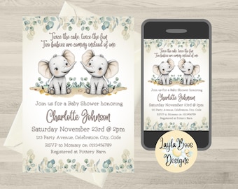 Invitation baby shower jumeaux éléphants : invitation texte mobile modifiable (téléchargement numérique)