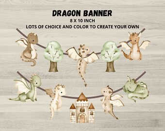 May include: A watercolor dragon banner with a castle, trees, and dragons in shades of green, brown, and beige. The banner is 8 inches by 10 inches. "DRAGON BANNER" and "LOTS OF CHOICE AND COLOR TO CREATE YOUR OWN" are written on the banner.