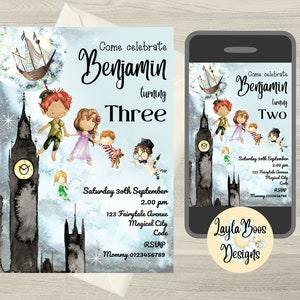 Editable Peter Pan Birthday Invitation, Fairytale Birthday Invite, Peter Pan Mobile Text Invite, Peter Pan Printable Invite