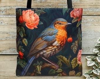 Robin Tote Bag - William Morris Inspired Shoulder Tote, Bird Handbags, Ethereal Cozy Shopping Bag, Fairycore Power Totem Animal Gift |0754