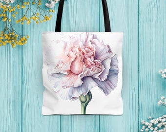 Carnation Tote Bag - Eco friendly shoulder bag with a blooming botanical print. Spring, summer work flower trip, lunch, daily use bag |0905