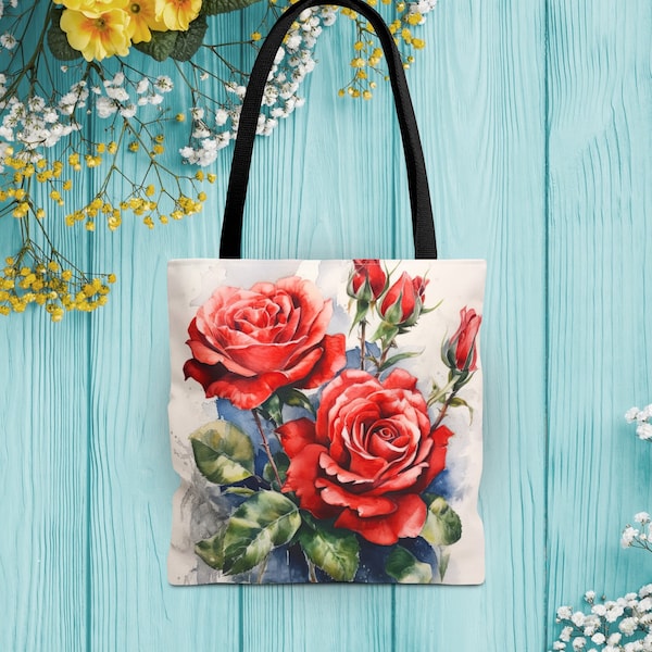 Red Rose Tote Bag - Watercolor style blooming red roses shoulder bag. US national flower, passionate spring, summer walking weekends |0918