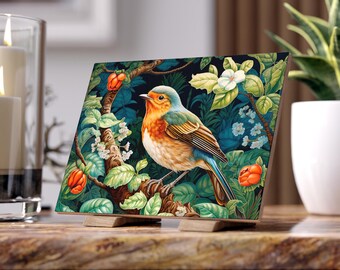Robin Ceramic Tile - William Morris Inspired Robin Ceramic Plaque, 19th Century Animal Spirit, Victorian Romance, Countrycore #0202 WMACPT
