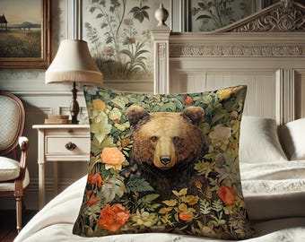 Bear Pillow, William Morris Inspired Grizzly, Naturalistic Countrycore Cushion, Bloomcore Wildlife Home, Power Animal #0189 WMAPLW