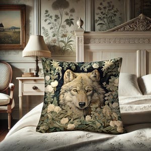 Wolf Kissen, William Morris inspirierter Timberwolf, Forestcore Kissen Dekokissen, Sitzkissen, Zuhause, Krafttier #0176 WMAPLW