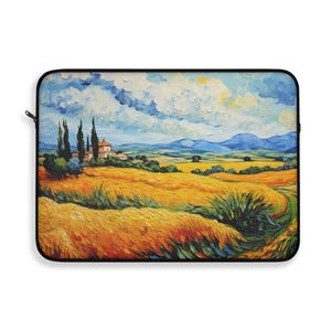 May include: A painting of a landscape with a small house, trees, and rolling hills. The sky is blue with white clouds. The hills are covered in yellow grass.