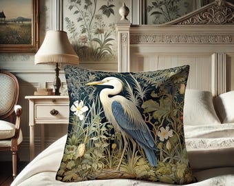 Heron Pillow, William Morris Inspired Egret, Alluring Victorian Cushion, Boho Flowercore, Indoor Decor, Power Animal #0073 WMAPLW