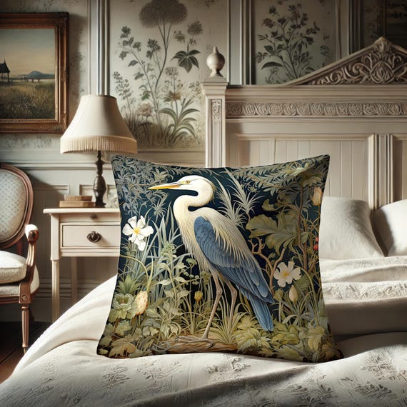 Heron Pillow, William Morris Inspired Egret, Alluring Victorian Cushion, Boho Flowercore, Indoor Decor, Power Animal #0073 WMAPLW