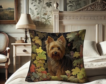 Cojín Yorkshire Terrier, Yorkie inspirado en William Morris, cojín Rusticcore, decoración para el hogar con diseño de perro York de Fairycore, Power Animal #0344 WMAPLW