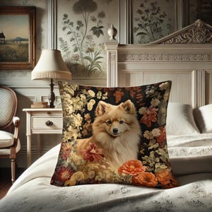 German Spitz Pillow, William Morris Inspired Wolf Spitz Dog, Arts and Crafts Cushion, Victorian Rustic Fairy Power Animal #0319 WMAPLW