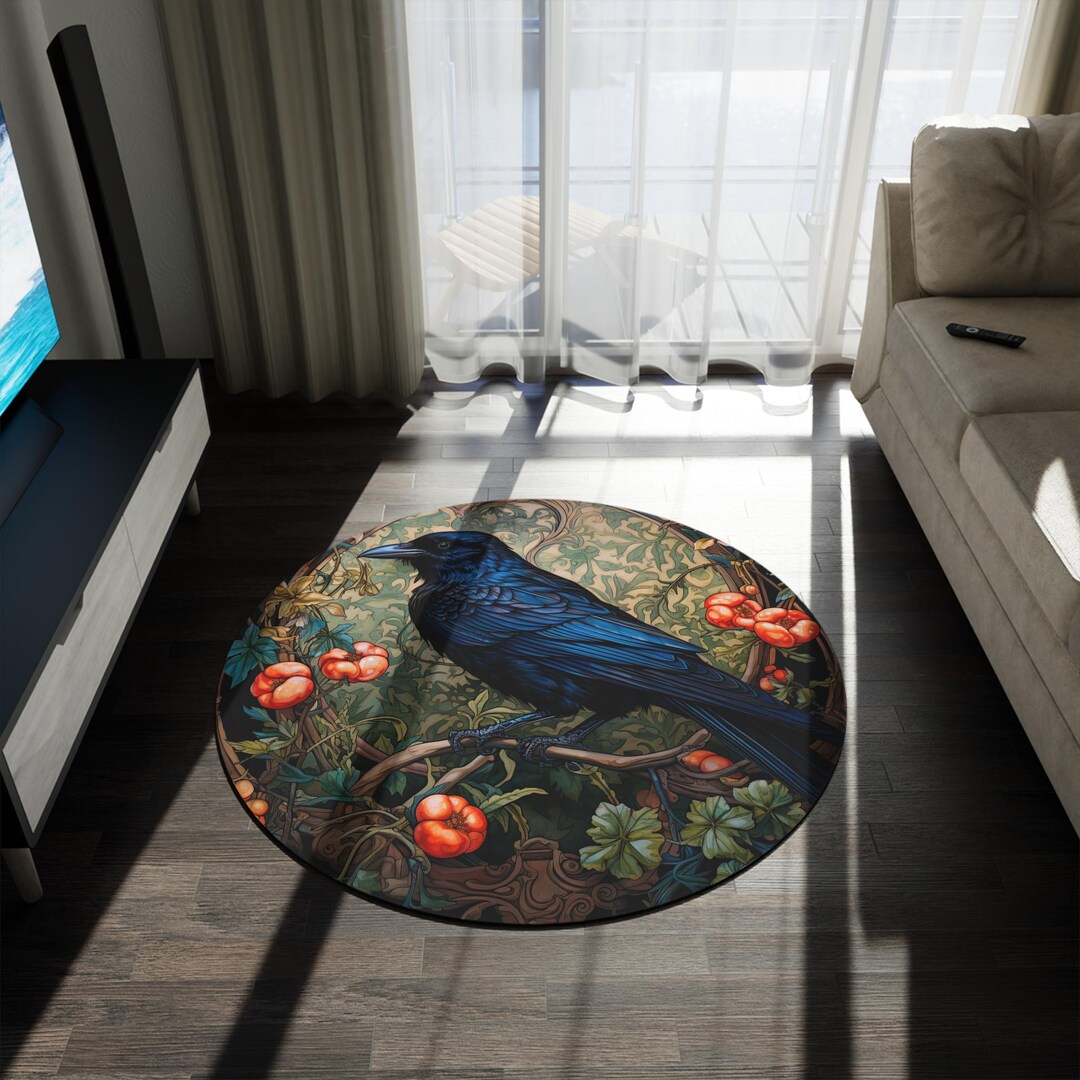 Crow Rug - William Morris Inspired Raven Carpet, Dark Wood Mid Century ...
