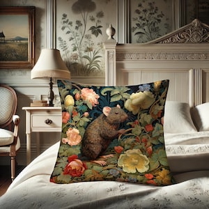 Cuscino a forma di topo, ratto ispirato a William Morris, cuscino per amanti dei roditori, romantico vittoriano, ornamento rurale, animale di potere n. 0261 WMAPLW