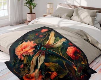 Manta de libélula, inspirada en William Morris, cálida manta polar estilo gótico Fairycore, atractiva decoración victoriana, con un toque peculiar, animal de poder #0174 WMABLK