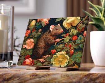 Mouse Ceramic Tile - William Morris Inspired Rodent Ceramic Plaque, Retro Animal Totem, Victorian Mid Century Modern Colours #0261 WMACPT