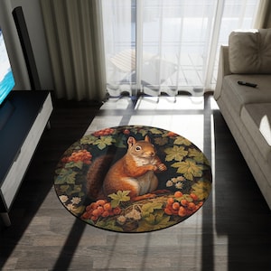 Squirrel Rug - William Morris Inspired Squirrel Carpet, Mid Century Modern Colors Animal Totem Mat, Woodland and Fairycore Vibe #0241 WMARUG