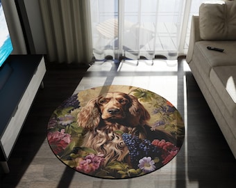 Cocker Rug - William Morris Inspired English Spaniel Floor Covering, Victorian Power Animal Mat, Bloomcore, Wildlife Accent #0305 WMARUG