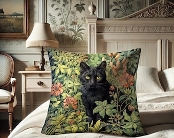 Black Cat Pillow, William Morris Inspired Feline, Bohemian Grandmacore Cushion, Neogothic, Midnight Noir Cat Power Animal #0148 WMAPLW