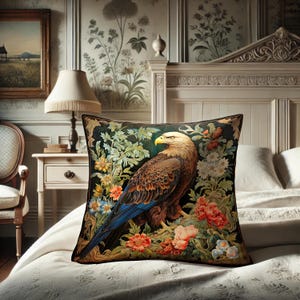 Eagle Pillow, William Morris Inspired Falcon, Neogothic Cushion, Energetic Fairycore Farmcore, Hawk Power Animal #0076 WMAPLW