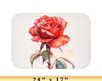 Red Rose Bath Mat - Scarlet Rose Watercolor Blooms. Shabby