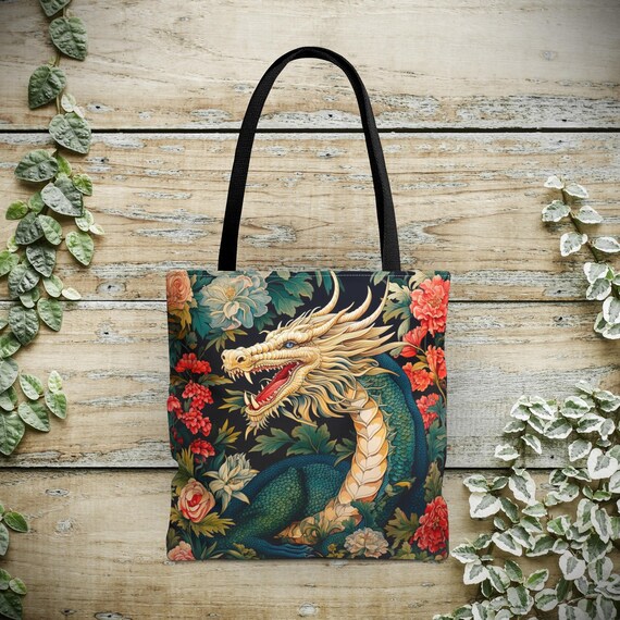 Dragon Tote Bag - William Morris Inspired Shoulder Tote, Fairycore