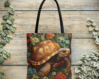 Turtle Tote Bag - William Morris Inspired Shoulder Tote, Tortoise Handbag, Farmcore, Naturecore Sack, Turtle Lover Gift #0248 WMABAG1TOT