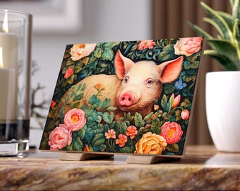 Pig Ceramic Tile - William Morris Inspired Hog Ceramic Coaster, Gothic Revival Animal Spirit, Countrycore, Victorian Romance #0180 WMACPT
