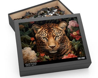 May include: A 500-piece jigsaw puzzle featuring a close-up of a leopard's face surrounded by colorful flowers. The puzzle box is black with the text "16x20 Puzzle 500 pcs Ages 9+" printed on the bottom.