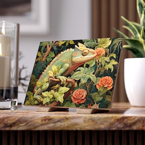 May include: A green chameleon with a blue and yellow pattern is perched on a branch in a lush jungle setting. The chameleon is surrounded by vibrant green leaves and pink flowers.