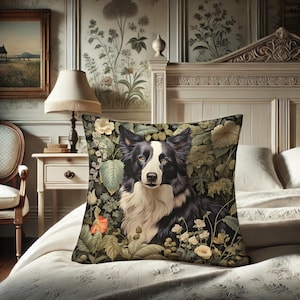 Border Collie Pillow, William Morris Inspired Farm Sheep Dog Cushion, Free-Spirited Naturecore Home Goods, Power Animal #0290 WMAPLW