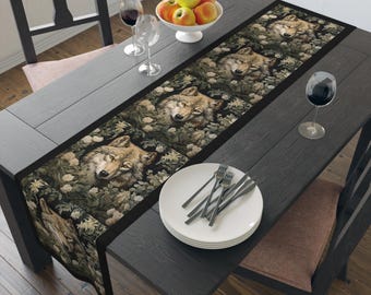 Wolf Table Runner, William Morris Inspired Timberwolf, Forestcore Dining Room Decor, Naturecore Home Decor, Power Animal #0176 WMATRN