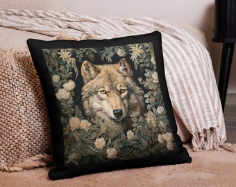 Wolf Pillow - Instinct & Intelligence Symbol, William Morris, Timber Wolf Cushion, Howling Spirit Guide, Forestcore Gift - INSERT INCLUDED