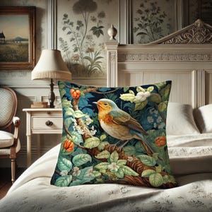 Robin Pillow, William Morris Inspired Redbreast Bird, Artsy Flowercore Cushion, Grandmacore Floral Decoration, Power Animal #0202 WMAPLW