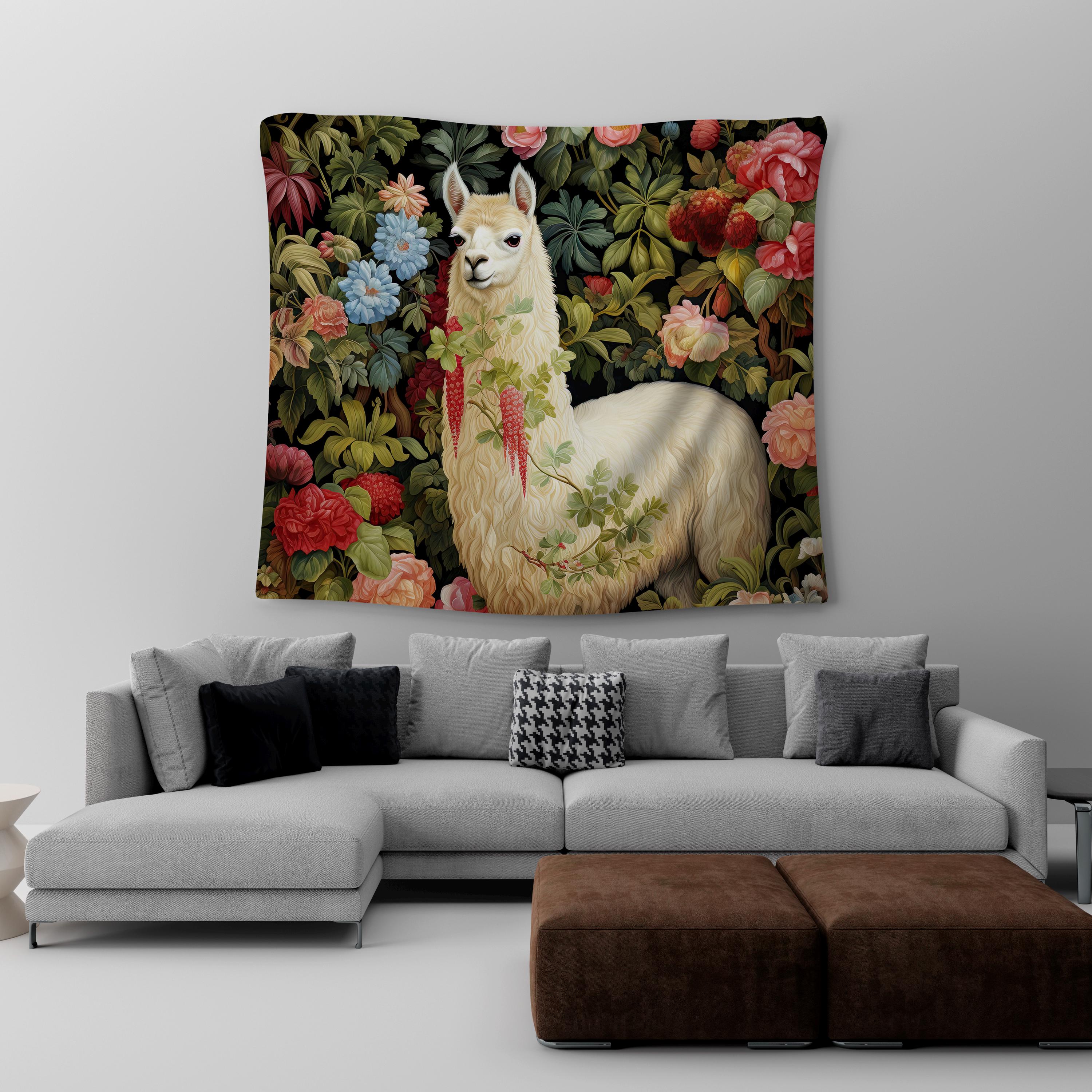 Alpaca Wall Tapestry, William Morris Inspired, Artsy Bloomcore Arras,  Enchanted, Rustic Countrycore Lover, Power Animal #0074 WMAWTP