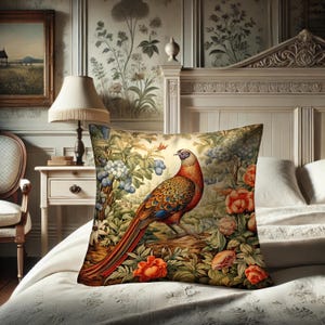 Pheasant Pillow, William Morris Inspired, Woodland Cushion, Enchanted Fairycore, Rustic Farmcore Decor, Power Animal #0135 WMAPLW