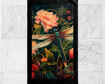 Dragonfly Bath, Face, Hand Towel, William Morris Inspired, Fairy Painting, Rustic Bloomcore, Naturalistic Naturecore Style #0174 WMABTW