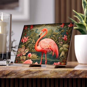 Flamingo Ceramic Tile - William Morris Inspired Flamingo Ceramic Coaster, Retro Animal Totem Ornament, 19th Century, Fairycore #0143 WMACPT