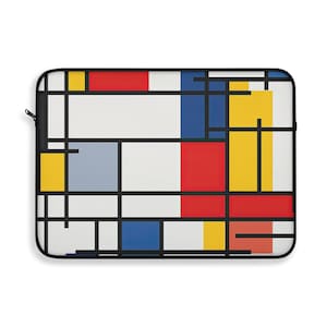 May include: Laptop sleeve with a geometric design featuring black lines and squares filled with red, yellow, blue, and white.