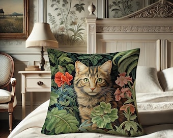 Cat Pillow, William Morris Inspired Kitty, Fairycore Cushion, Victorian Feline, Rustic Naturecore Style, Power Animal #0146 WMAPLW