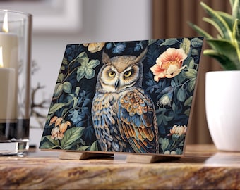 Owl Ceramic Tile - William Morris Inspired Owl Ceramic Plaque, Vintage Power Animal, Countrycore, Victorian Romance #0161 WMACPT