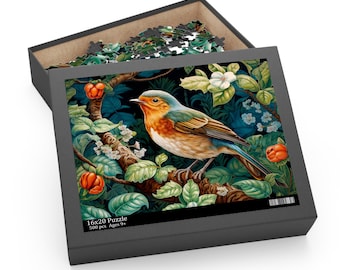 May include: A 500 piece jigsaw puzzle featuring a colorful robin perched on a branch with green leaves and red berries. The puzzle box is black with the text "16x20 Puzzle 500 pcs Ages 9+"