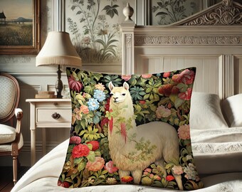 Alpaca Pillow, William Morris Inspired, Artsy Bloomcore Cushion, Enchanted, Rustic Countrycore Lover, Power Animal #0074 WMAPLW