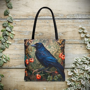 Crow Tote Bag - William Morris Inspired Shoulder Tote, Witchcore Handbag, Gothicore, Raven Rock Mythology Gift #0118 WMABAG1TOT