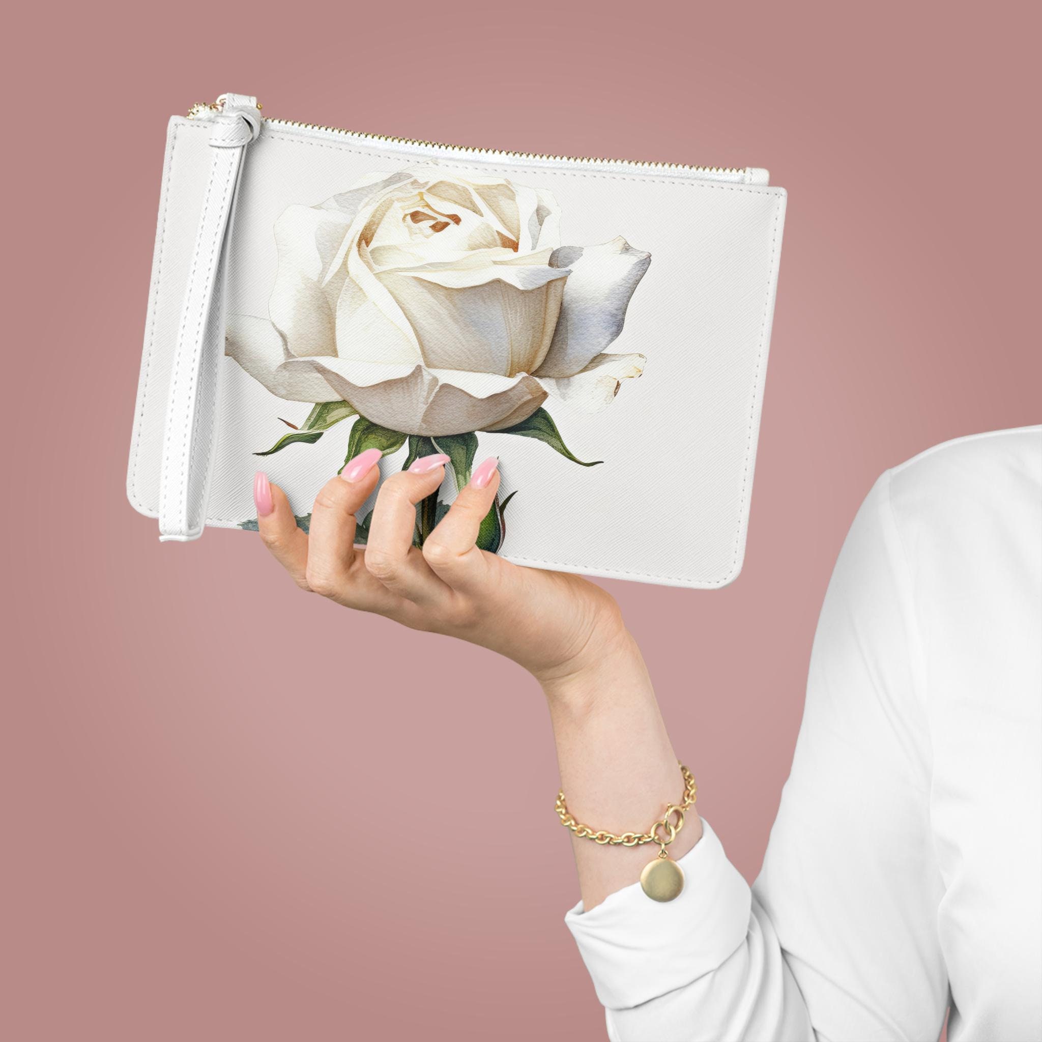 White Rose Clutch Purse, Escimo Rose Handbag, White Floral Charm