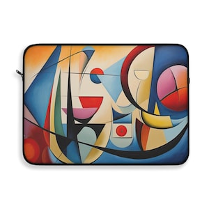 Puede incluir: Funda para portátil de arte abstracto con un diseño geométrico colorido que presenta formas rojas, amarillas, azules, blancas y rosas.