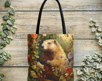 Marmot Tote Bag - William Morris Inspired Shoulder Tote, Groundhog Handbag, Rockchuck Lover Gift #0182 WMABAG1TOT