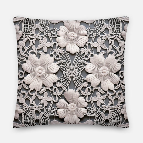 White Floral Pillow with a Lace print #5|7 - Lace inspired print, Shabby Chic Cushion | 3 Sizes, INSERT INCLUDED