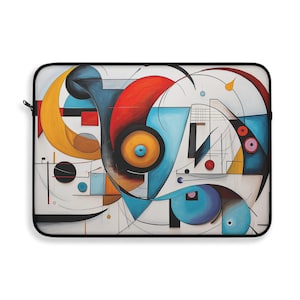 Könnte beinhalten: Laptop-Hülle mit abstrakter Kunst, die einen weißen Hintergrund und bunte geometrische Formen, darunter Rot, Gelb, Blau und Schwarz, zeigt.