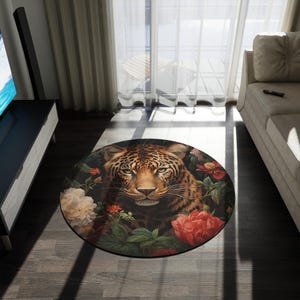 Jaguar Rug - William Morris Inspired Carpet, 19th Century Animal Totem Floorcloth with Floral Motif and Dark Wood Accents #0154 WMARUG