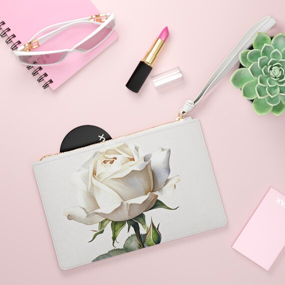 White Rose Clutch Purse, Escimo Rose Handbag, White Floral Charm