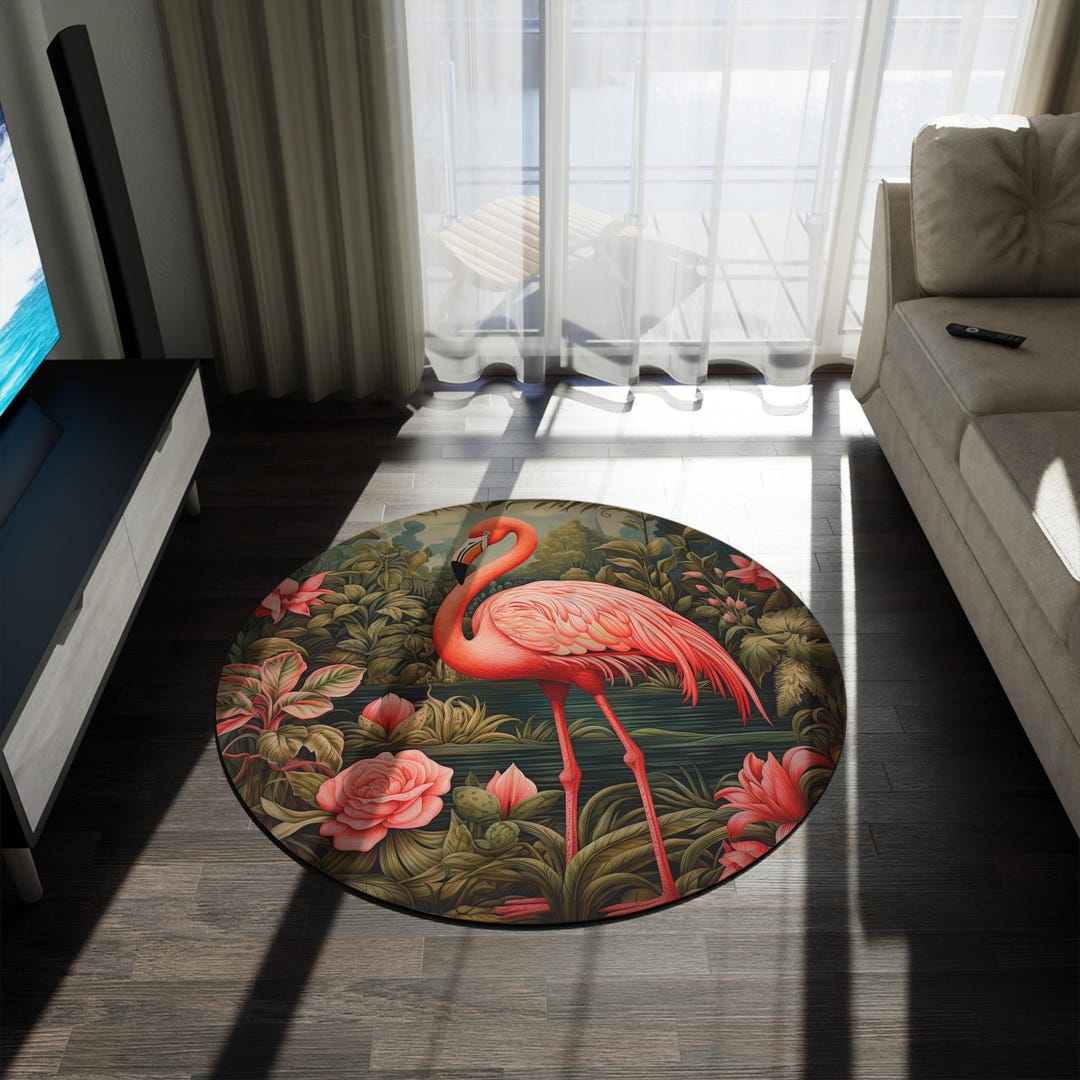 Flamingo Rug - William Morris Inspired Floorcloth, Mid Century Modern ...